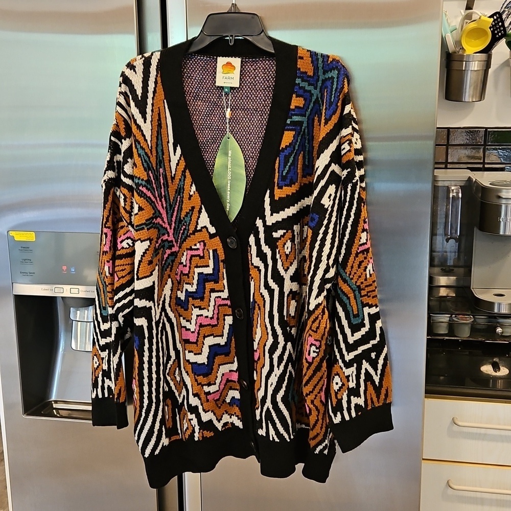 💕FARM RIO💕 Caramel Tropical Stripes Cardigan ~ Tropical Stripes Print XL NWT - Picture 8 of 16